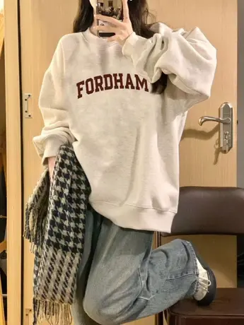 灰色圆领卫衣女春秋薄款小众设计感2024新款宽松港风chic长袖上衣图片