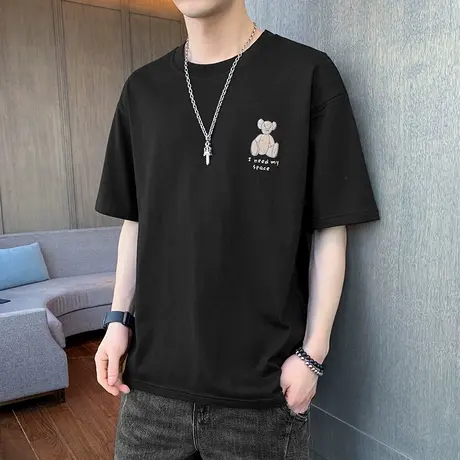 夏季潮牌刺绣印花小熊短袖T恤男圆领青年全棉潮流半袖体恤打底衫商品大图