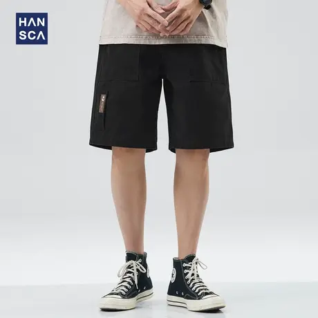 hansca夏季新款休闲短裤男潮牌纯棉宽松直筒痞帅黑色大码五分裤子商品大图