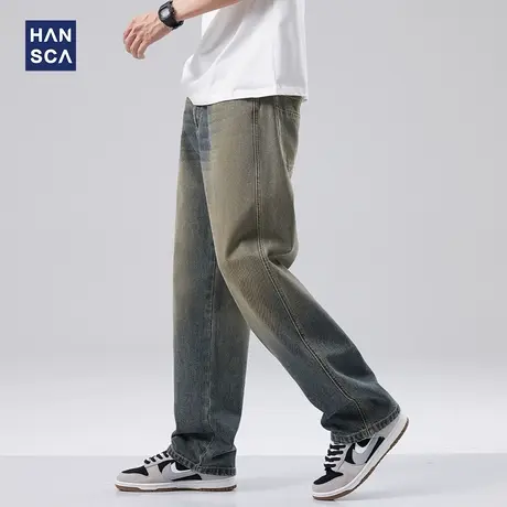 hansca黄泥做旧宽松直筒牛仔裤男春季新款复古潮牌水洗休闲长裤子商品大图