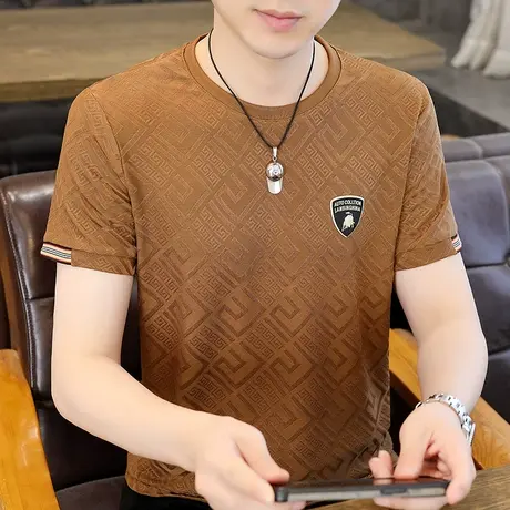 2023夏季新款男士冰丝短袖T恤半袖提花体恤衫加肥加大码夏装上衣商品大图