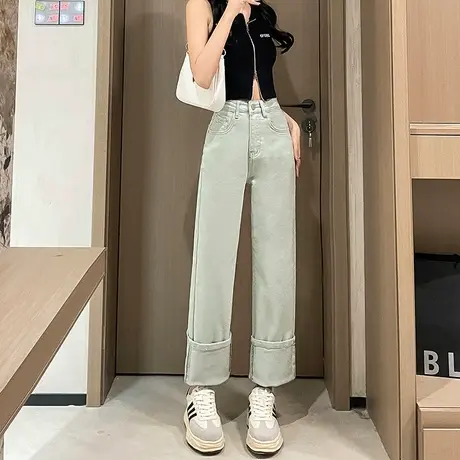 浅色窄版直筒牛仔裤女春季2024新款小个子高腰宽松垂感拖地阔腿裤商品大图