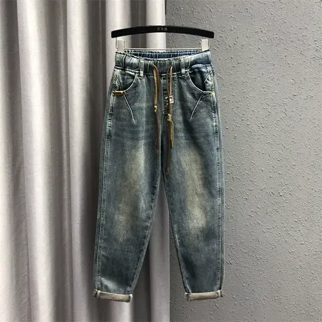 欧货牛仔哈伦裤女2024春夏新款深蓝色个性系带时尚百搭萝卜长裤潮图片