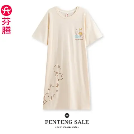 芬腾睡裙女士夏季纯棉薄款短袖睡衣裙卡通可爱甜美宽松全棉中短裙商品大图