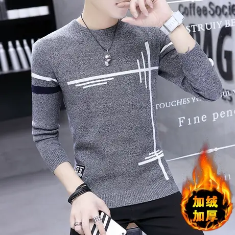 毛衣男秋冬季加厚款2023新款韩版潮流圆领针织衫加绒加厚保暖毛衫商品大图