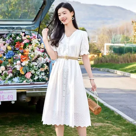 时尚刺绣短袖连衣裙2023年夏季新款淑女温柔V领显瘦中长款裙子图片
