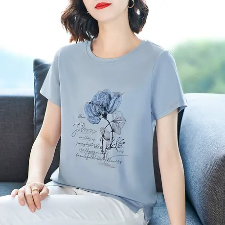 高端重工休闲圆领t恤女夏新款中年妈妈装大码宽松显瘦短袖体恤衫商品大图