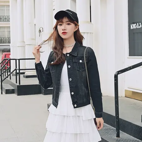 ins春秋新款修身短款牛仔褂外套女网红显瘦百搭上衣服潮黑色9图片