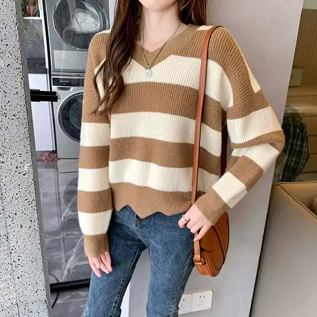 秋冬v领套头加厚条纹毛衣女秋冬2023年新款爆款时尚洋气打底衫女图片