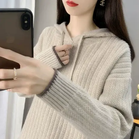 2023年秋冬新款连帽毛衣女宽松外穿套头长袖卫衣帽子衫针织上衣女图片