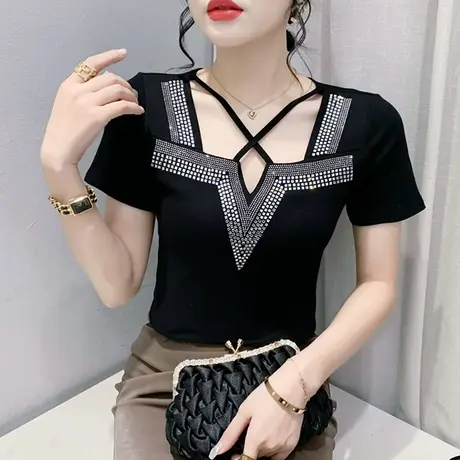 欧货性感镂空短袖T恤女时尚别致重工烫钻上衣洋气V领修身小衫夏装商品大图