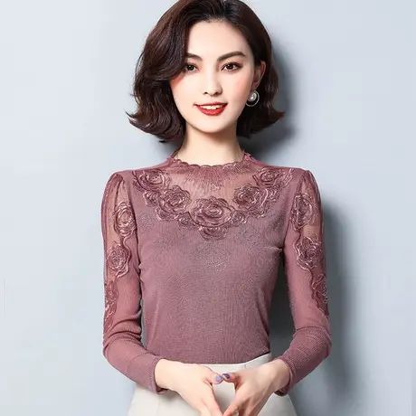 2023新款蕾丝打底衫女春秋内搭薄款长袖网纱上衣高领百搭洋气小衫商品大图