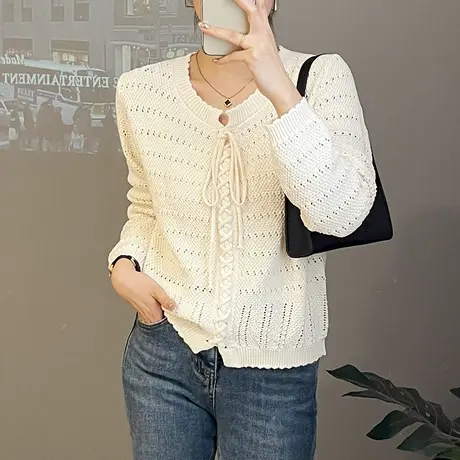 2023年秋季新款圆领系带镂空针织衫春秋宽松时尚洋气百搭显瘦上衣商品大图