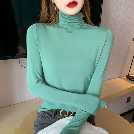 莫代尔堆堆领t恤女秋冬季长袖体恤小众设计感内搭新款黑色打底衫商品大图