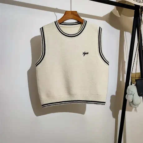 学院风针织马甲女秋冬新款宽松圆领叠穿刺绣无袖坎肩毛衣背心外搭商品大图