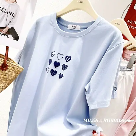 韩国东大门短袖上衣2023夏款ins爱心别致甜美温柔纯棉t小个子打底商品大图