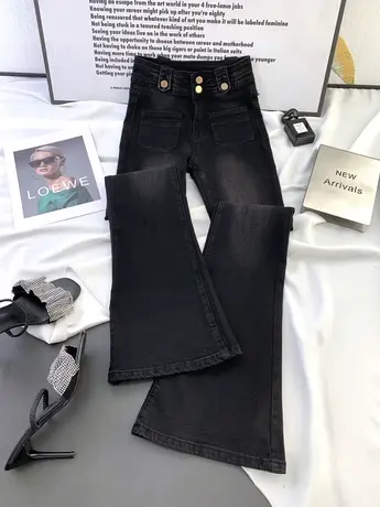 两粒扣小口袋牛仔喇叭裤女2023秋季新款显瘦百搭高腰包臀微喇长裤商品大图