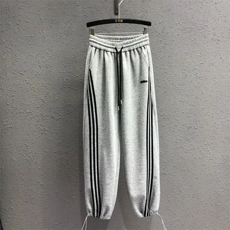 2023秋季新款灰色卫裤女松紧腰条纹宽松休闲哈伦裤女高腰运动裤潮图片