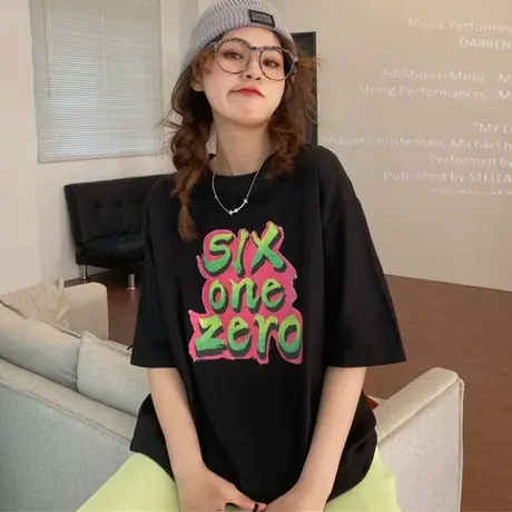 美式复古vintage短袖t恤女2021宽松韩版ins设计感小众纯棉上衣服商品大图