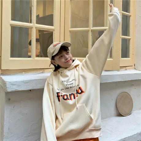 红续温柔风宽松新款冬装百搭ins潮连帽卫衣女加厚加绒上衣闺蜜装图片