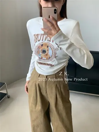 小狗印花抽绳短款长袖T恤女秋季新款修身显瘦小个弹力正肩上衣服商品大图