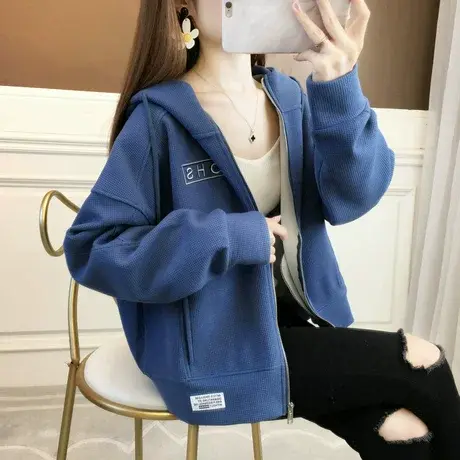 卫衣女春秋季韩版宽松bf慵懒风设计感小众早春薄款华夫格开衫外套图片