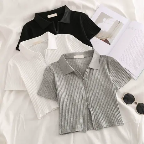 POLO领坑条纹t恤女夏高腰露脐短款修身潮ins半袖chic港味上衣短袖图片