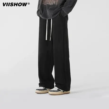 VIISHOW春秋季垂坠感抽绳宽松黑色运动卫裤高街阔腿休闲长裤子男商品大图