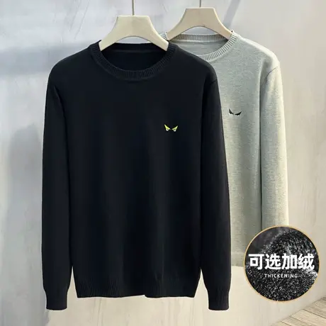 男士圆领毛衣修身秋冬小刺绣加绒加厚线衣潮冬季打底衫潮针织衫男商品大图