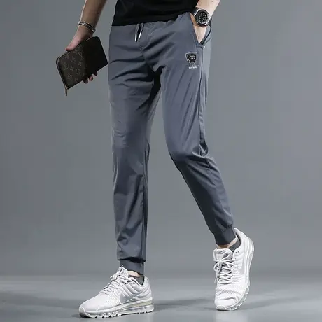 夏季冰丝休闲裤男蓝灰色修身束脚男士松紧腰弹力潮牌新款裤子薄款商品大图