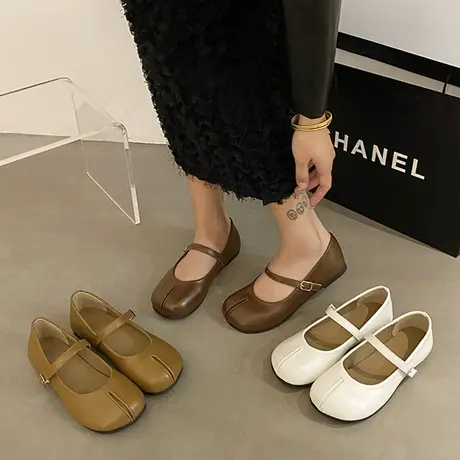 学院风假分趾猪蹄鞋2023秋新款平底软底舒适豆豆鞋一字扣玛丽珍鞋商品大图