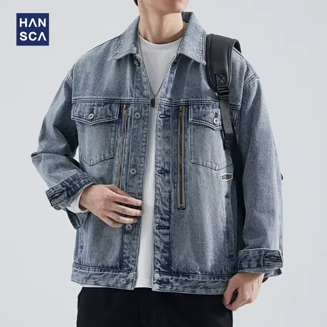 hansca牛仔外套男秋冬款2023新款休闲痞帅宽松复古日系高级感夹克图片