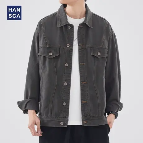 hansca复古做旧长袖翻领牛仔外套男春季新款美式潮牌宽松休闲夹克图片