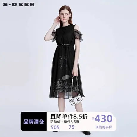 sdeer圣迪奥女装圆领露肩收腰印花网纱连衣裙S222Z1208图片