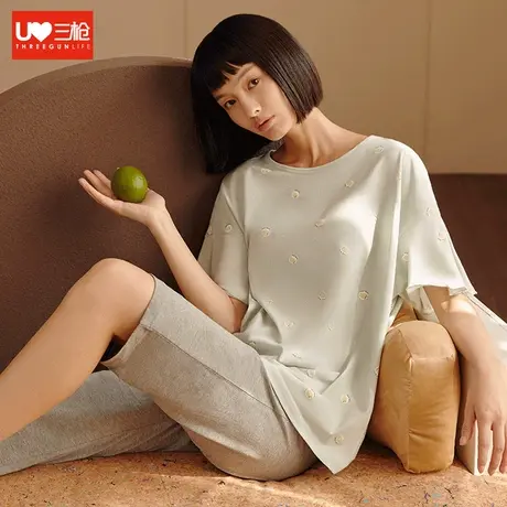 三枪睡衣女夏季薄款纯棉女士家居服套装宽松短袖中裤护膝七分裤图片