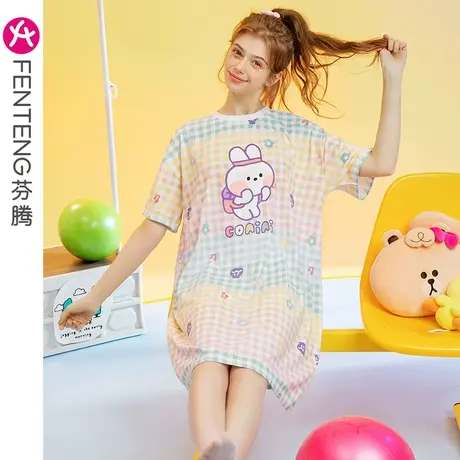 芬腾纯棉睡裙女夏季中长裙可爱卡通布朗熊韩版少女全棉家居服睡衣商品大图
