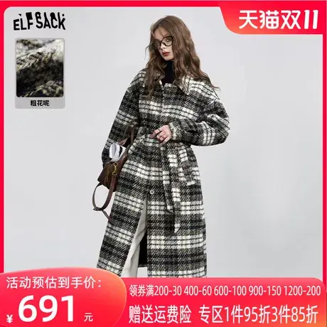 妖精的口袋粗花呢格纹毛呢外套女2023冬季新款复古英伦长款呢大衣图片