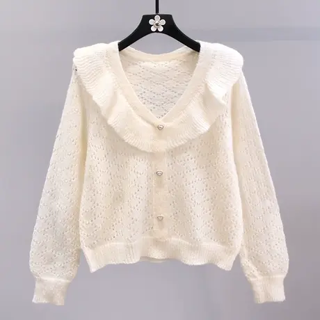 荷叶边镂空毛衣女2023早秋新款小香风气质V领温柔风长袖针织衫图片