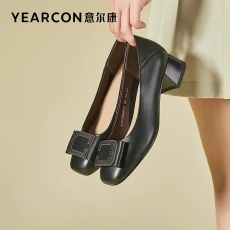 意尔康女鞋2023春季新款真皮中跟单鞋女方头浅口小皮鞋女官方旗舰商品大图