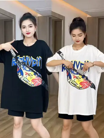 2023夏季新款挎包口袋拉链印花圆领韩版潮流宽松休闲时尚短袖T恤商品大图