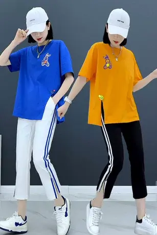 2023夏季新款烟管裤女弹力裤百搭开叉小个八分裤微喇裤子女裤潮款商品大图