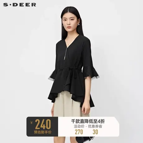 sdeer圣迪奥女装休闲V领收腰网纱喇叭袖衬衫S231Z0549商品大图