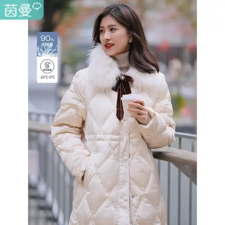 茵曼2023冬女装新款简约菱形格纯色腰部抽橡筋中长款保暖型羽绒服商品大图
