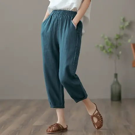 dza 高腰显瘦九分休闲棉麻裤子女士夏季薄款宽松阔腿裤亚麻灯笼裤商品大图