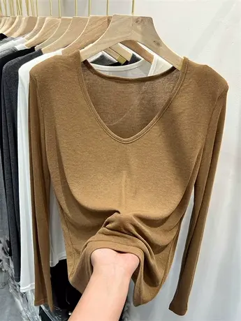 欧货垫肩针织衫软糯T恤女长袖2023年秋季新款V领小衫打底衫上衣潮图片