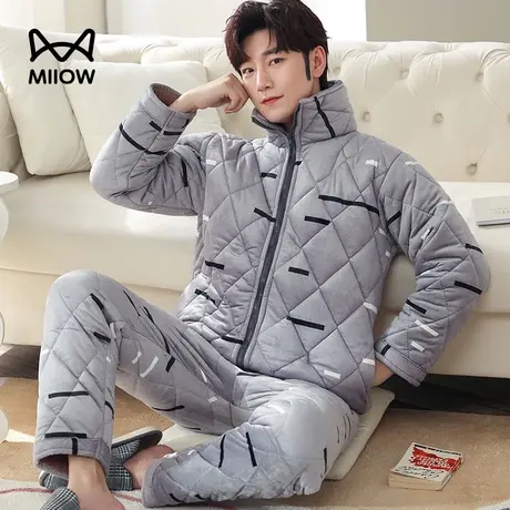 MiiOW/猫人冬季男士室外棉袄开衫拉链长袖夹棉加厚保暖家居服套装图片