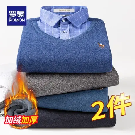 罗蒙冬季假两件衬衫男士加绒加厚保暖衬衣中青年宽松休闲套头寸衣图片