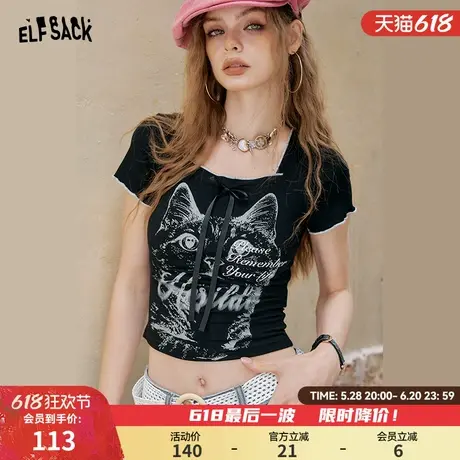 妖精的口袋黑色方领猫咪印花短袖t恤女2025夏季新款修身显瘦上衣商品大图