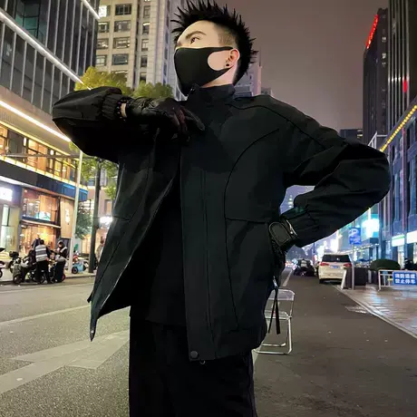 怪咖名伶立领短款外套男款冬季高级感工装纯色机车个性夹克上衣图片