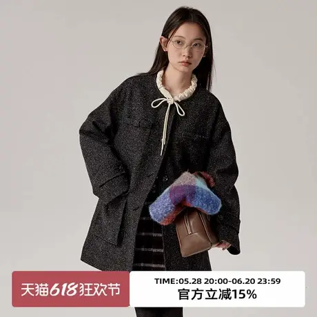 omont蛋挞家 复古黑色人字纹夹棉厚毛呢外套冬设计感呢子大衣图片